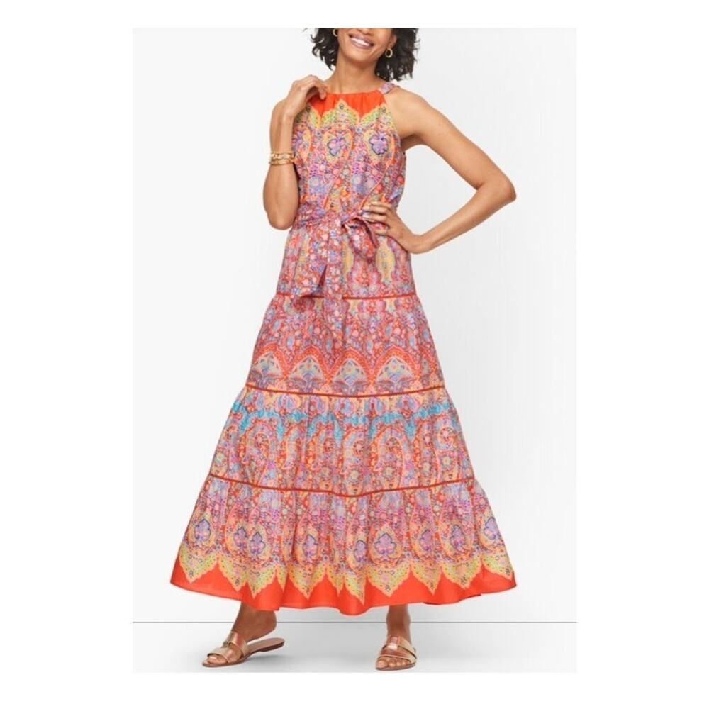 Talbots Tiered Halter Maxi Dress Size 12 Coral Medallion Lined Sundress Coastal
